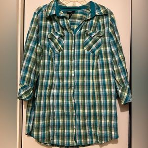 Lane Bryant Top Green Blue Plaid Long Sleeve Button Down Shirt
